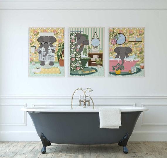 Whimsical art prints create a focal point in your eclectic bathroom