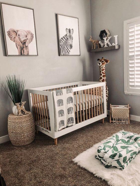 Jungle Safari Boy Nursery highlighted by exotic animal prints and lush greenery elements