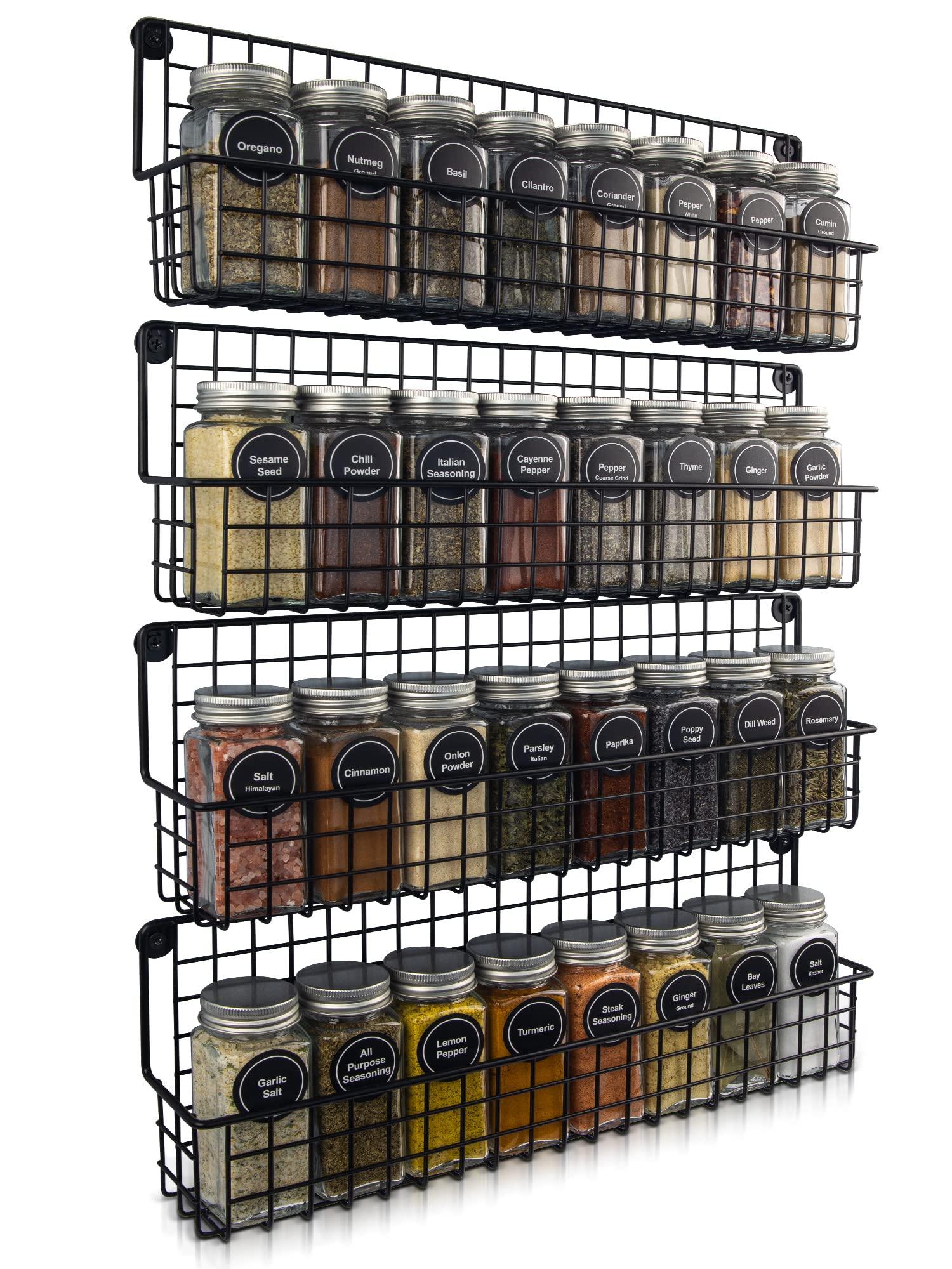 A wall-mounted spice rack adds both function and style to your Farmhouse Kitchen