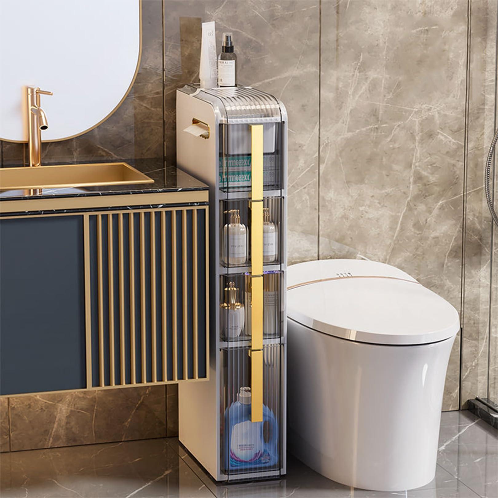 Choose vertical storage solutions to free up narrow bathroom floor space