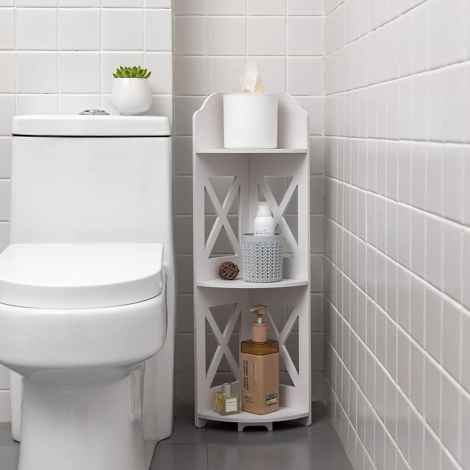 Use corner shelving to maximize unused space in small bathroom