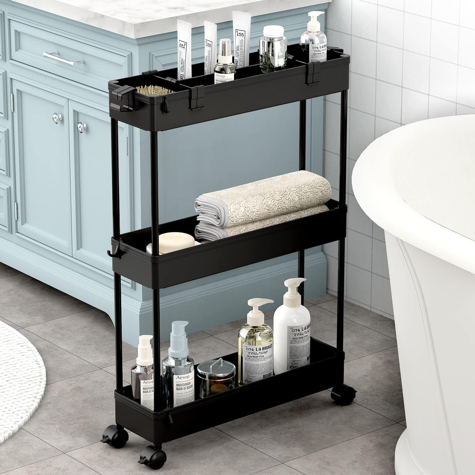 Utilize tiered carts for flexible storage in ​small bathrooms