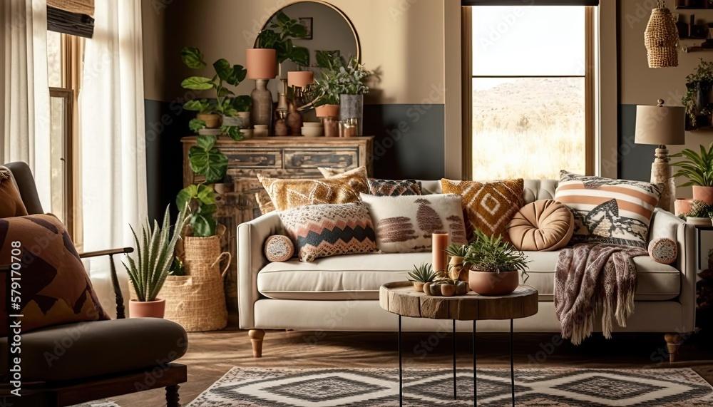 Layer wall textiles for added interest and ​softness in your Boho Living Room