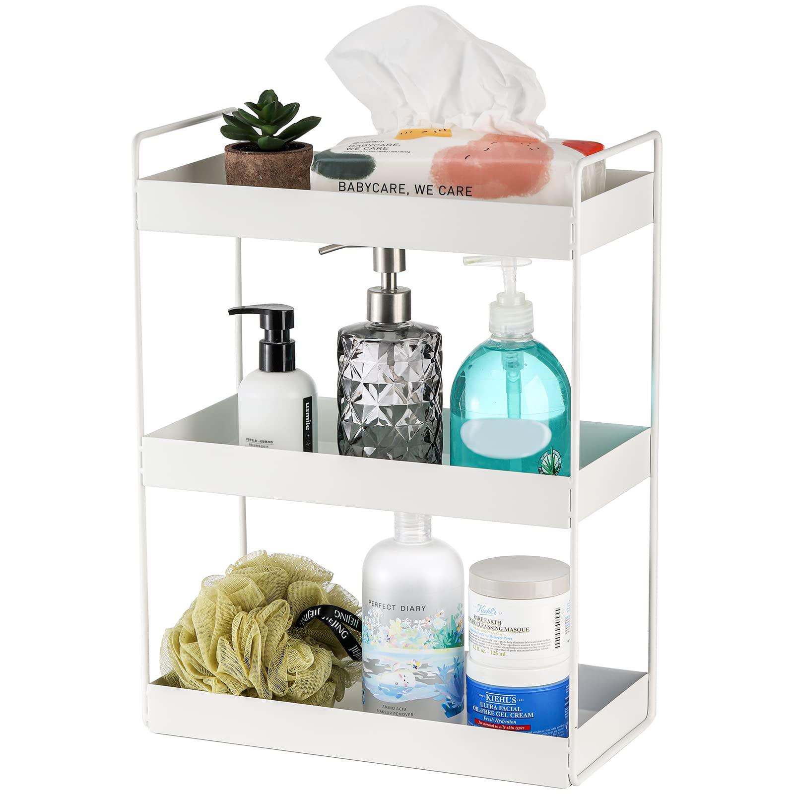 Use tiered trays for organizing toiletries in narrow bathroom setups