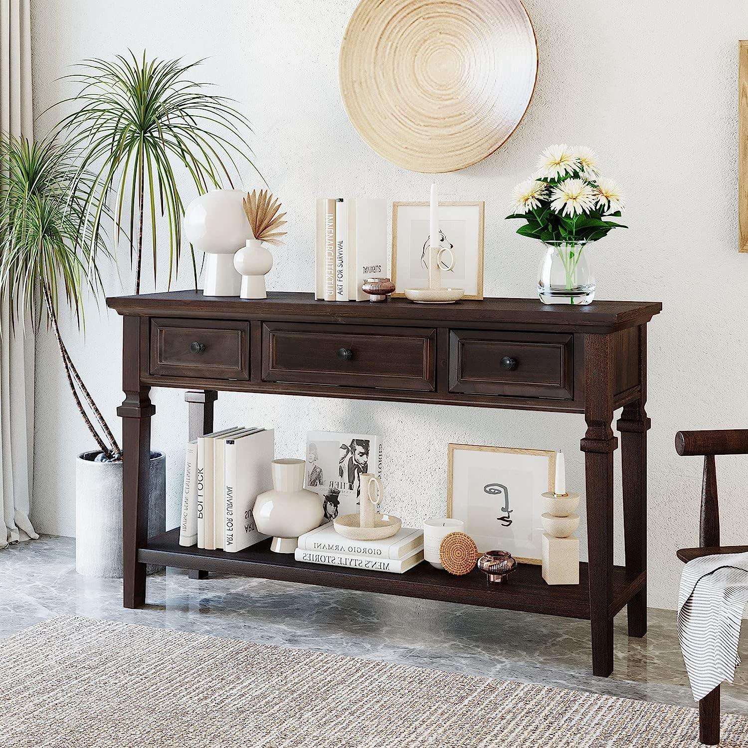 A chic console table provides style and storage in your living room