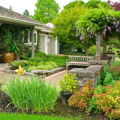 Create a peaceful reading nook surrounded by lush greenery in your front yard landscaping