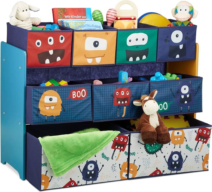 Use colorful storage bins for toys in the boy nursery