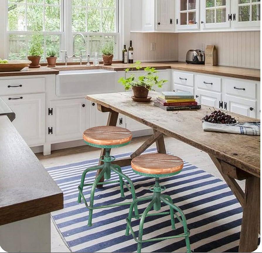 Rustic bar stools create a welcoming atmosphere in your farmhouse kitchen