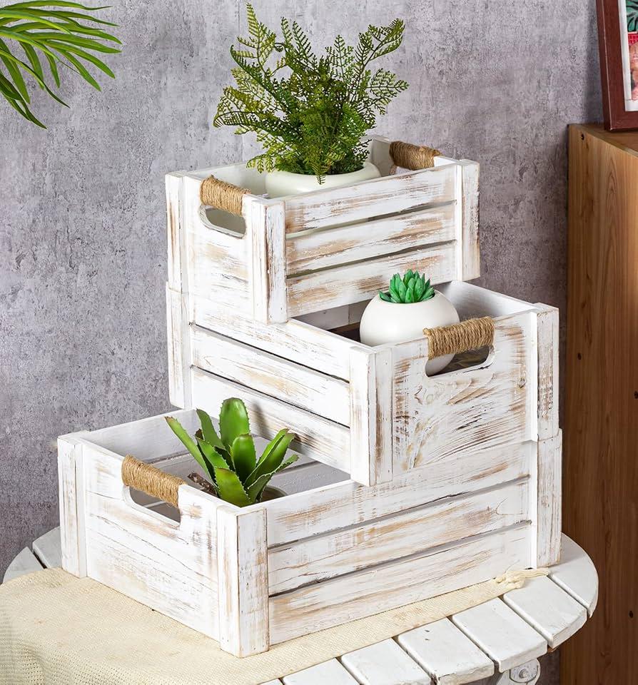 Rustic farmhouse decor, like wooden crates, enhance your kitchens chic vibe