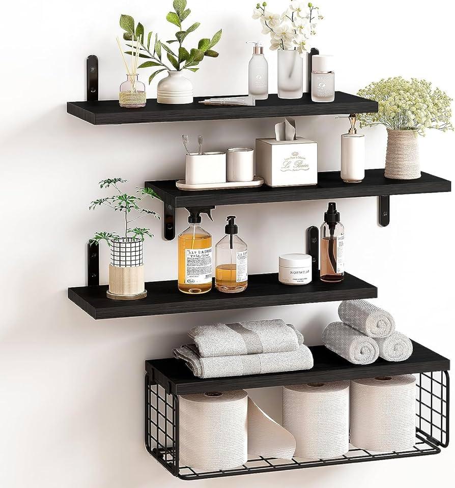 Wall-mounted shelving creates functionality in farmhouse bathrooms