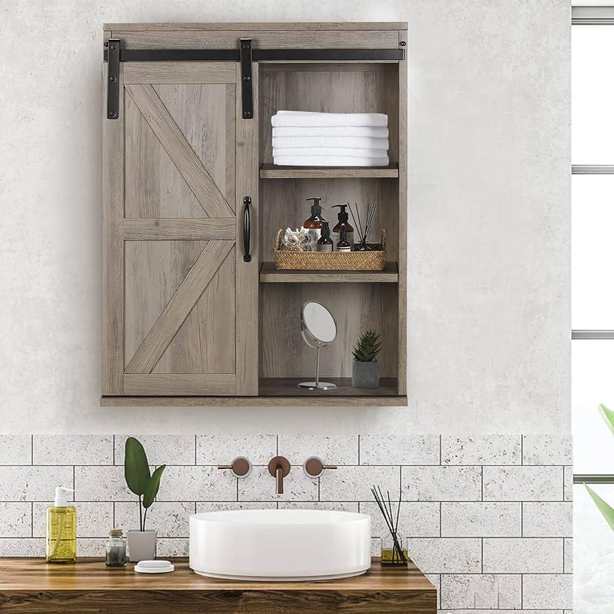 A sliding barn door adds charm to farmhouse bathrooms