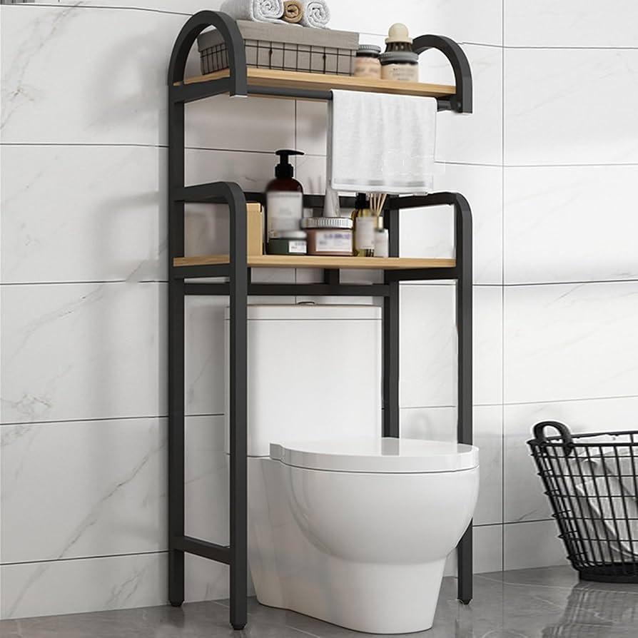 Use over-the-toilet shelving​ to maximize small bathroom vertical space