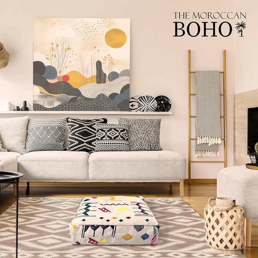 Use oversized cushions for a comfortable, inviting Boho Living Room space