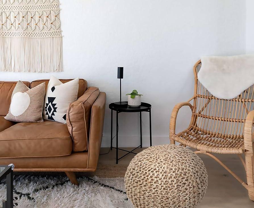 A soft jute pouf for versatile seating in your inviting Boho Living Room