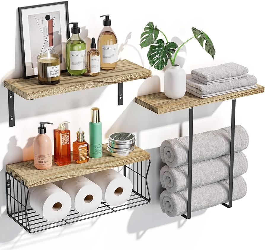 Include rustic shelving for practical charm in Farmhouse Bathrooms