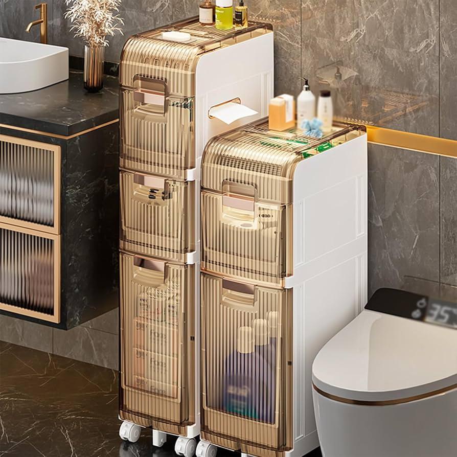 Use a tiered cart for versatile storage in your small bathroom