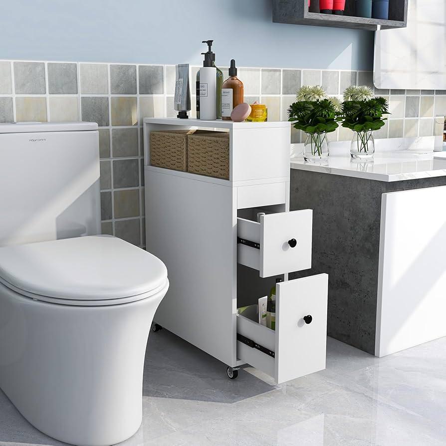 Consider a portable storage unit for flexibility in narrow bathrooms