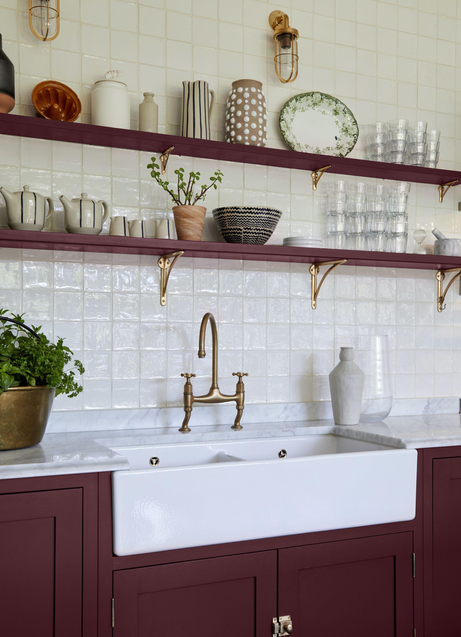 Add open shelves to showcase decorative items in your Burgundy Kitchen