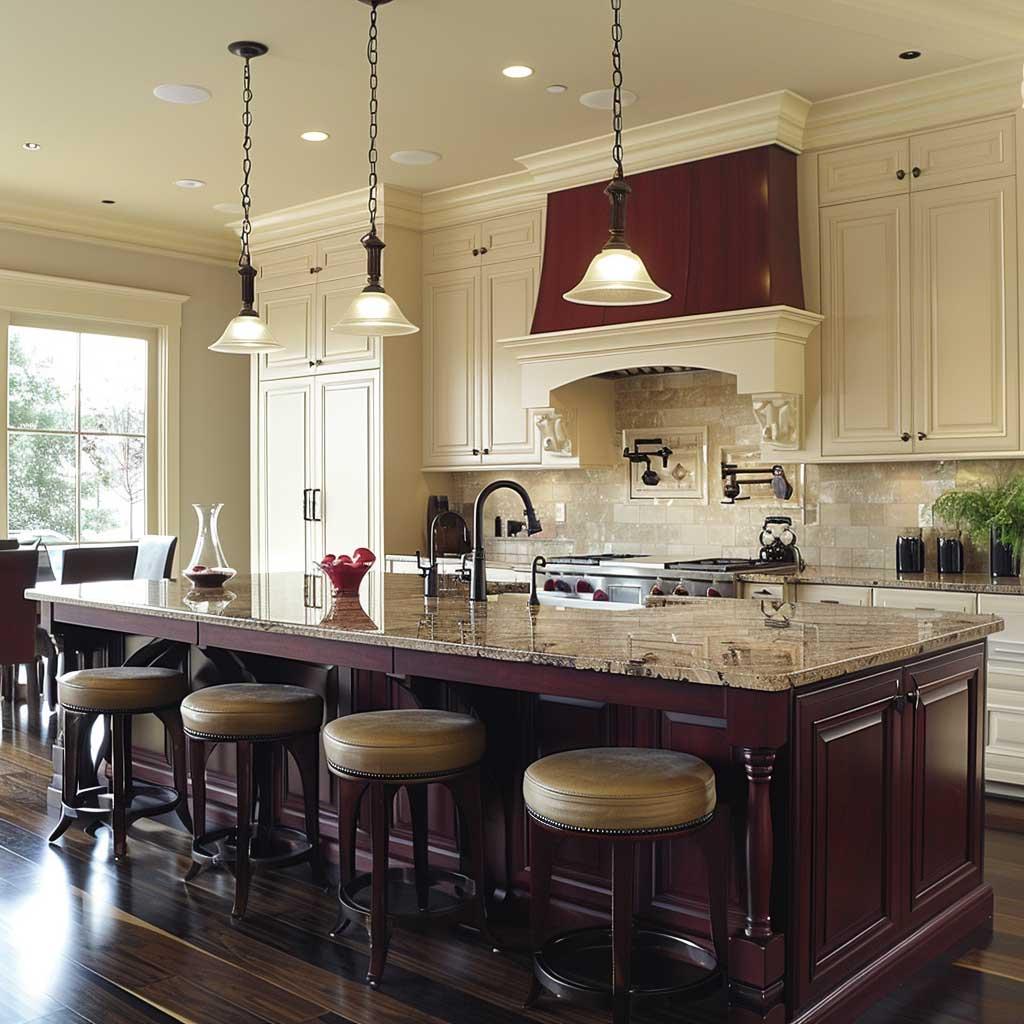 Multi-layered lighting enhances the rich hues of a burgundy kitchen