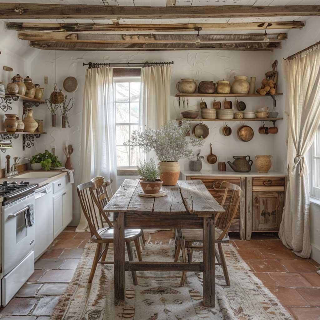 A farmhouse table serves as a centerpiece for family gatherings in your kitchen