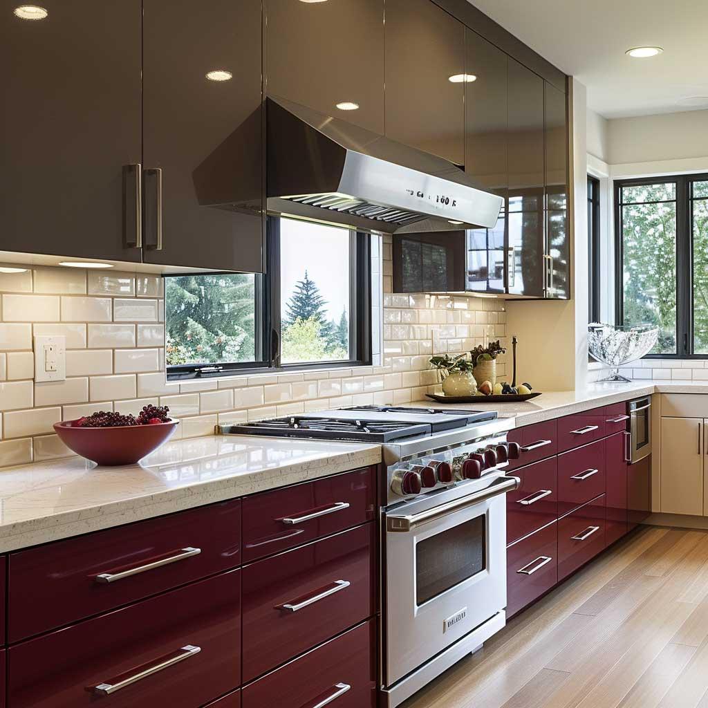 Large windows allow natural light to amplify the beauty ⁢of a burgundy kitchen