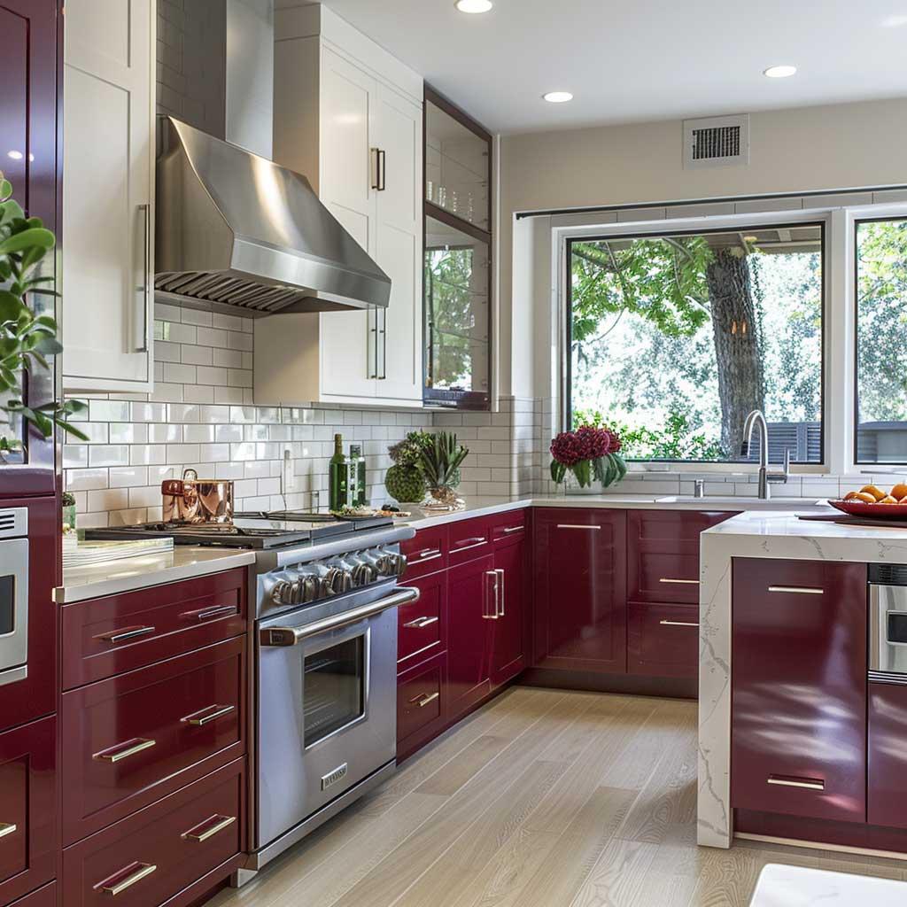 Vintage appliances add character to a contemporary⁢ burgundy kitchen setup