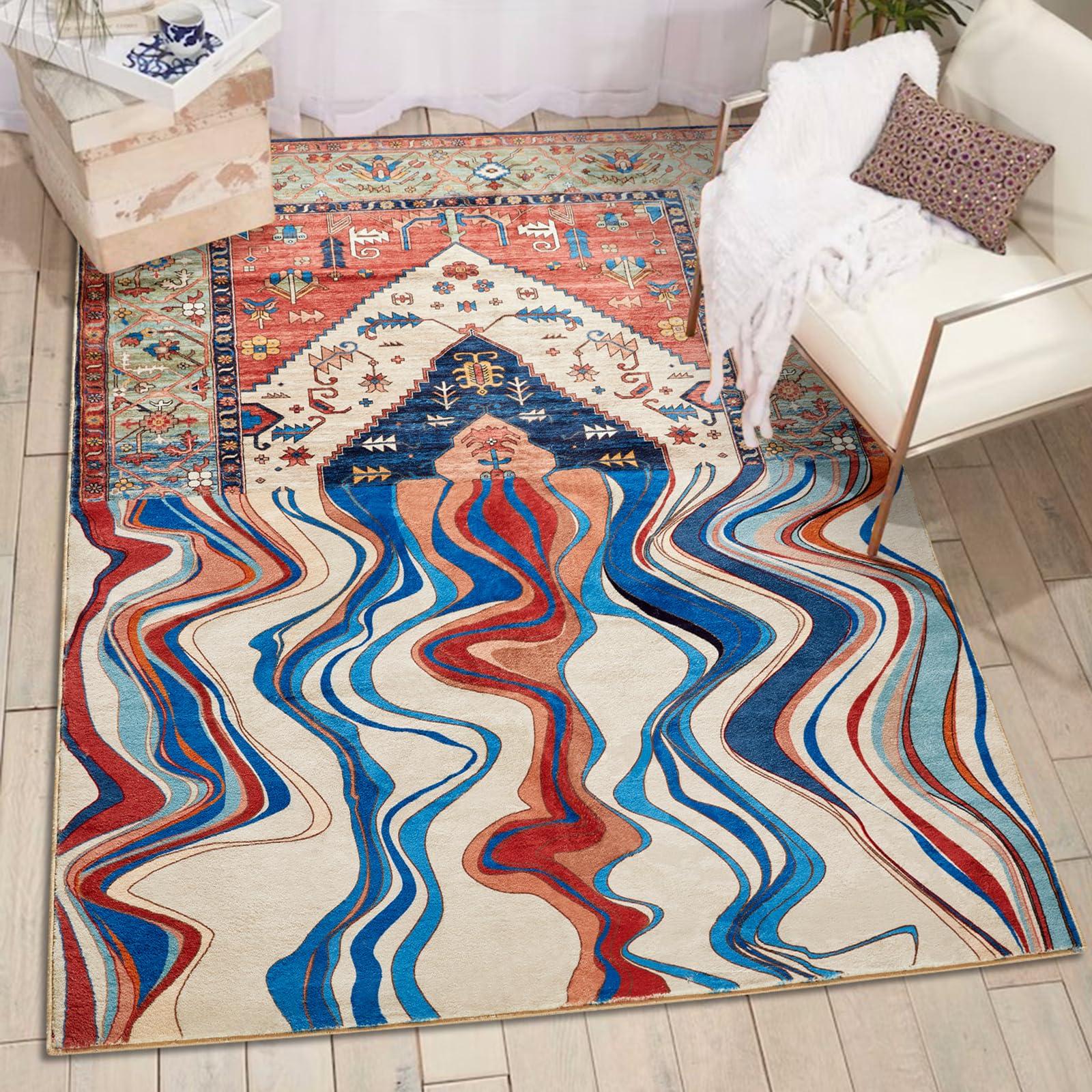 Funky patterned rugs anchor the diverse elements of your eclectic living room