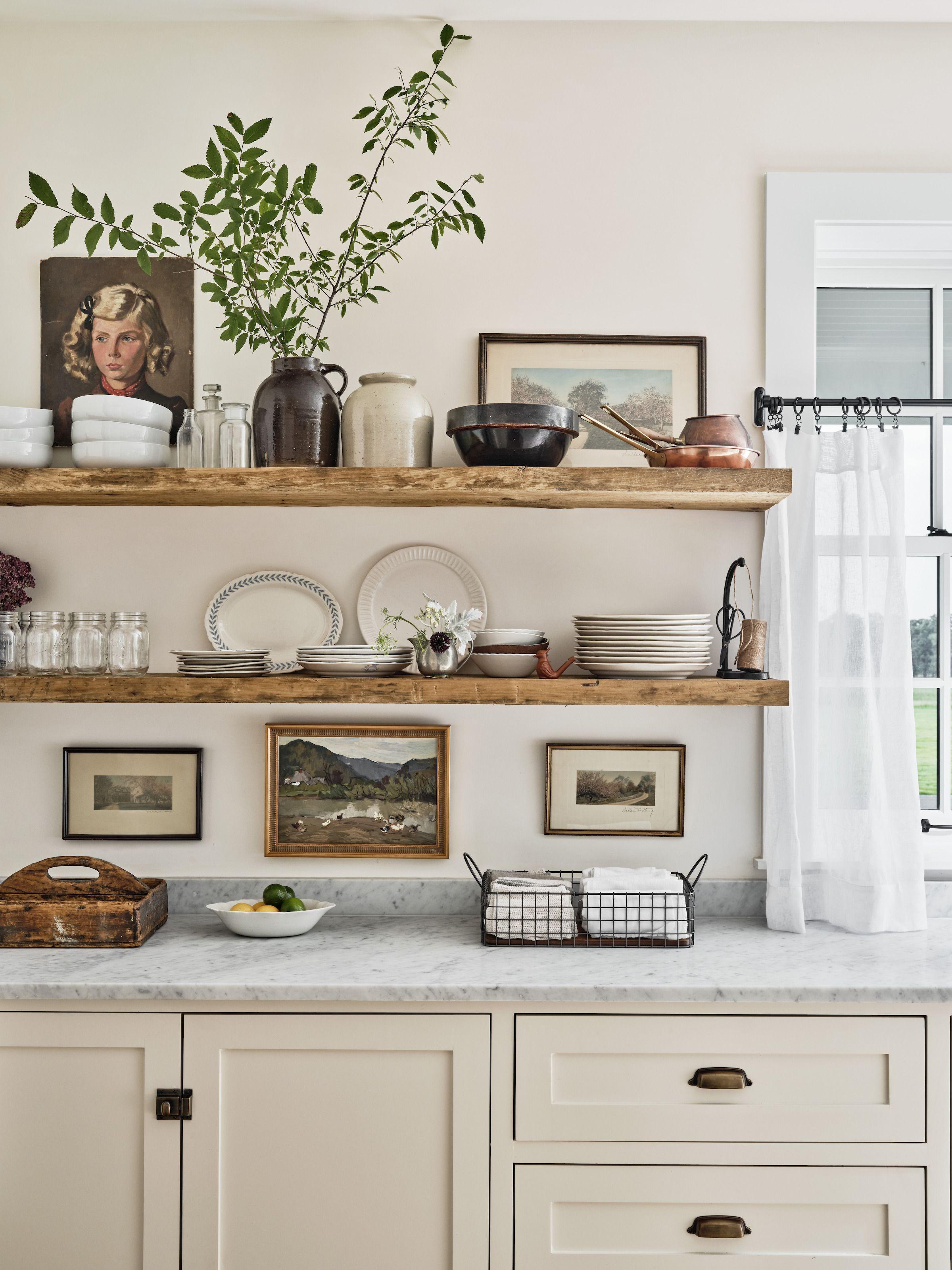 Open shelving creates an inviting display in your farmhouse kitchen