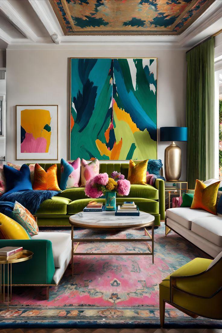 Choose a striking focal point, like a colorful sofa, to anchor your design