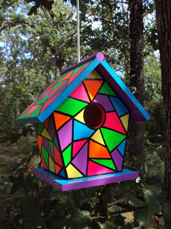Handpainted Stained Glass Birdhouse Bright Colors with Rope | Bird .
