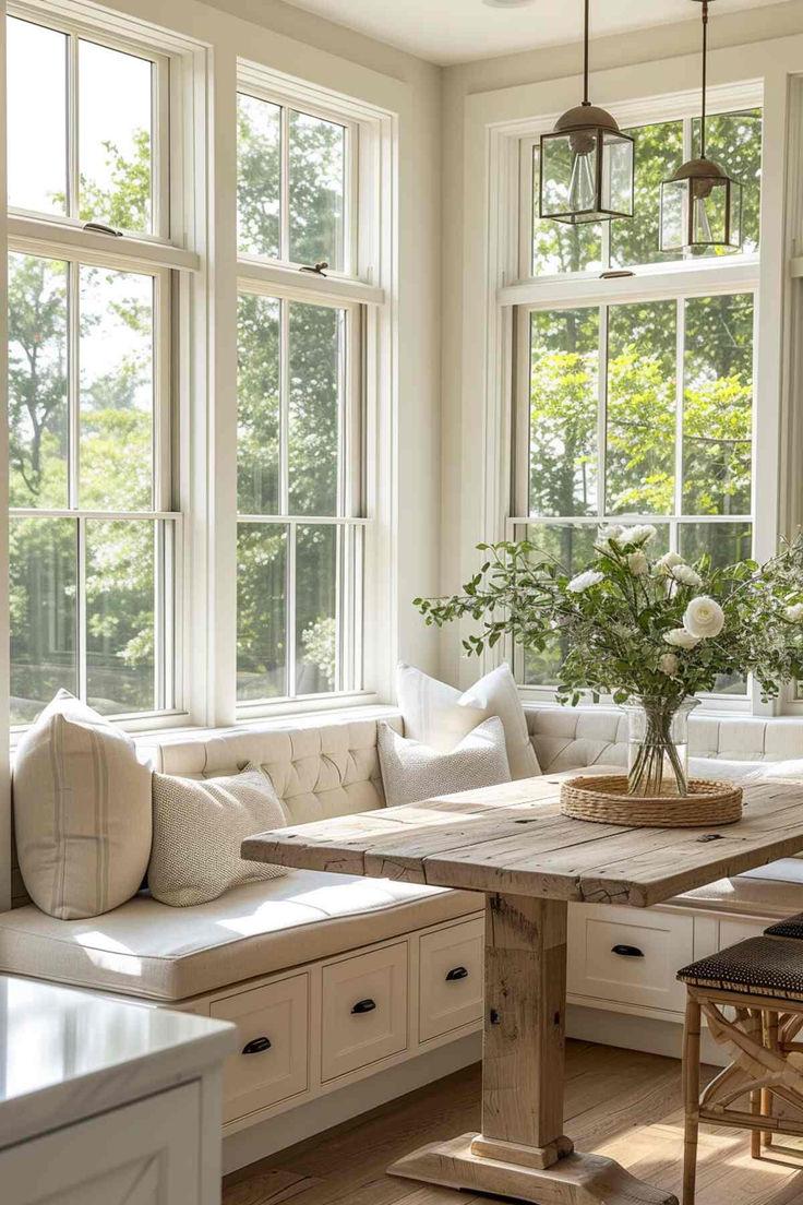 A cozy breakfast nook becomes a favorite spot in your farmhouse kitchen