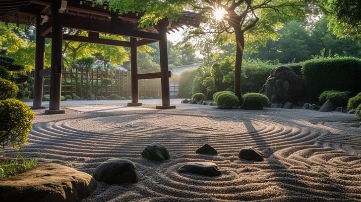 Soft natural light filters through trees, creating a serene atmosphere in the Zen Garden