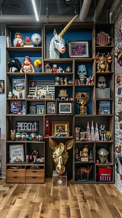 Showcase unique collectibles on shelves to personalize your Eclectic Living Room space