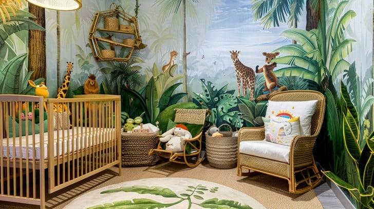 Whimsical Rainforest Boy Nursery with colorful tropical prints and playful creature accents