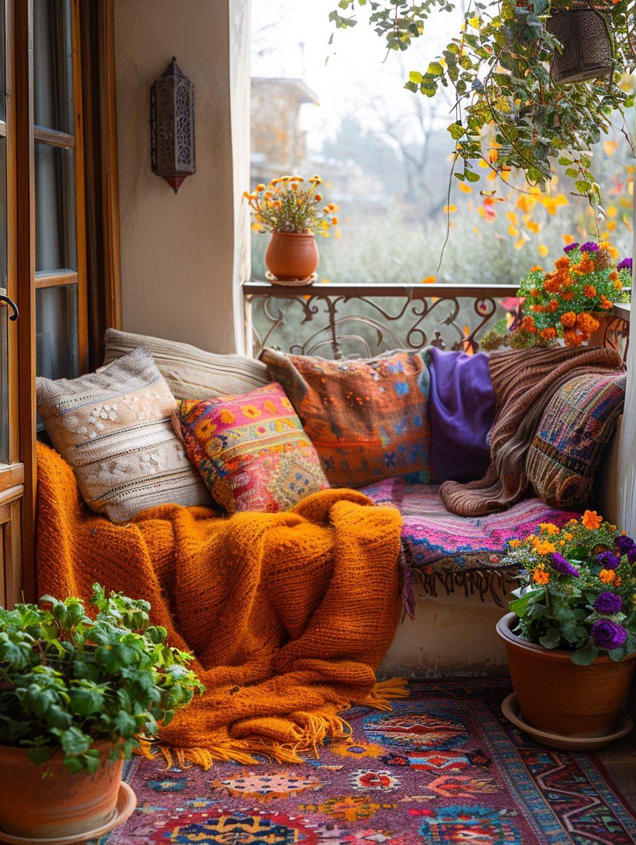 Vibrant⁤ Balcony Design using ⁤colorful rugs and pillows to brighten up your space