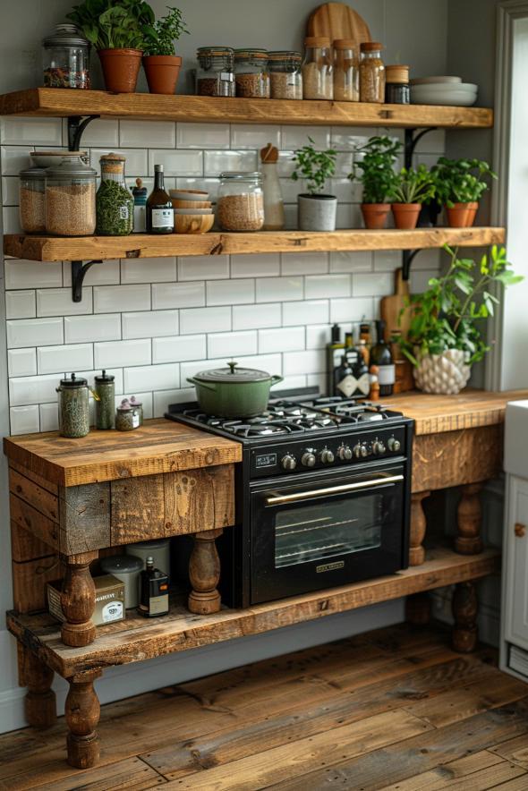 Open shelving in your Farmhouse Kitchen showcases charming dishware and herbs