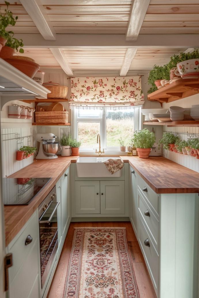 Use a pop‌ of color in accessories to liven up your galley kitchen