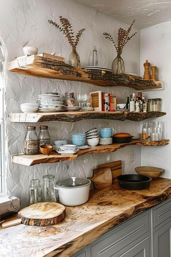 Use open shelving to display beautiful dishware and​ cookbooks in your eat-in kitchen