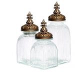 Clear Glass Canister Set w/ Gold Lids 3 Piece Decorative Kitchen .