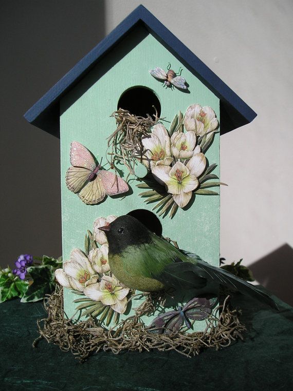Handpainted Indoor Decorative Birdhouse with by purpleinkgraphics .