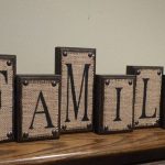 Set of 6 Decorative Letter Blocks - FAMILY Burlap on Dark Walnut .