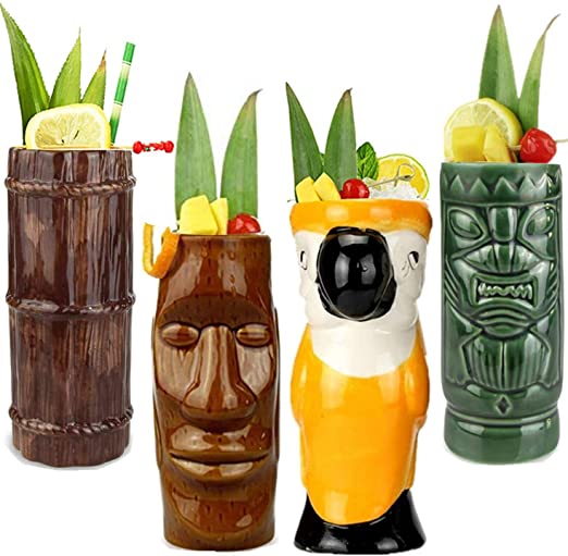 Amazon.com: Tiki Mugs Cocktail Set of 4 - Ceramic Hawaiian Party .