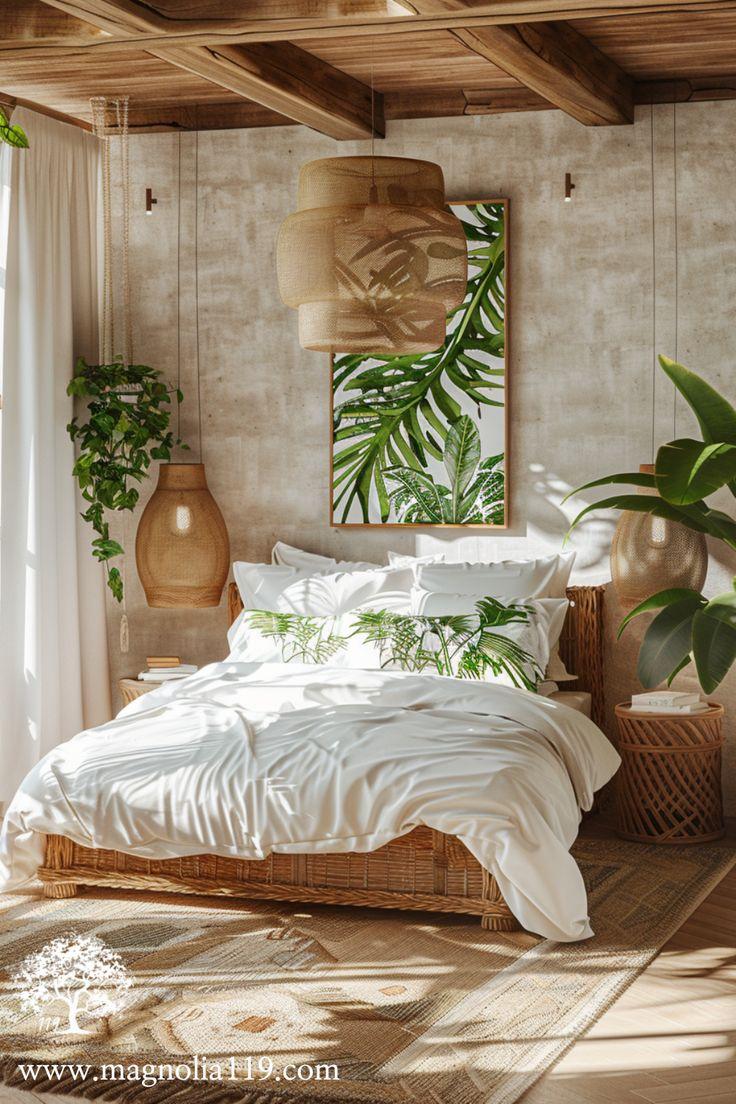 Tropical Bedroom: Bring the outdoors inside with lush greenery and bold prints