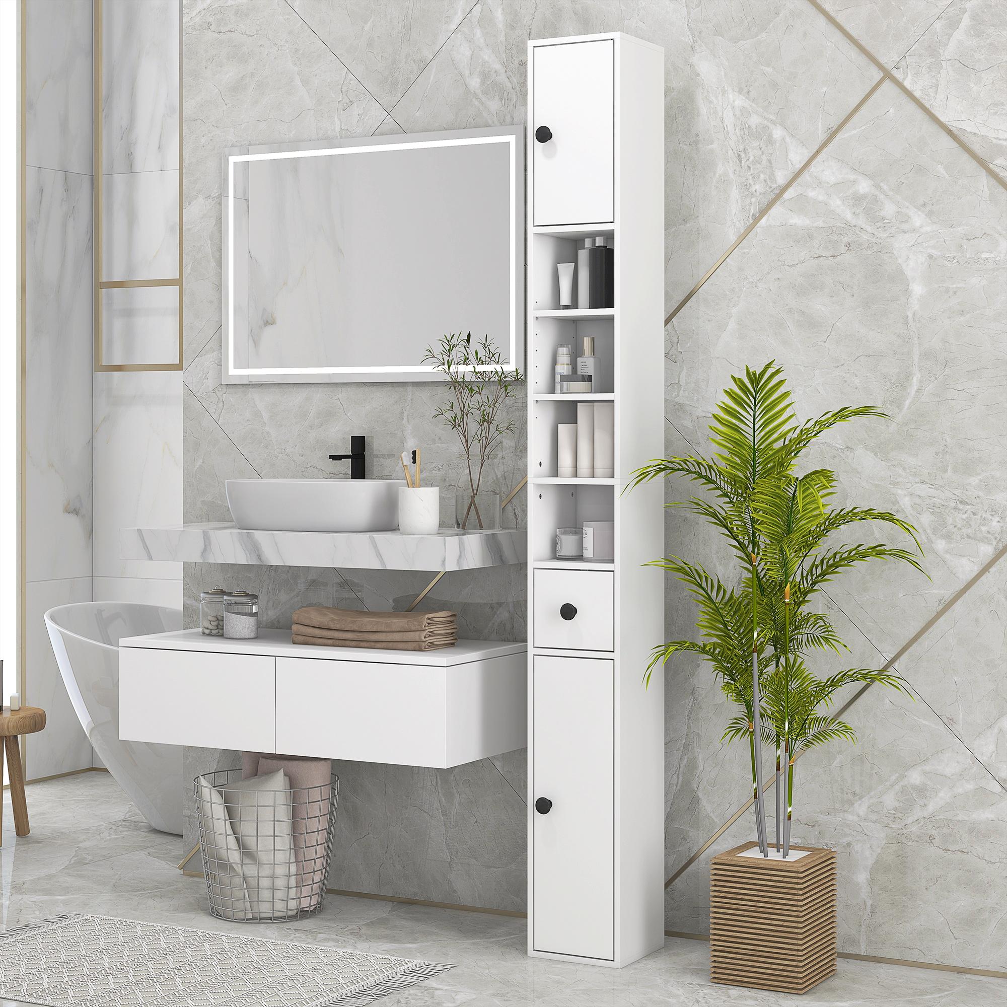 Utilize vertical space with tall shelving in your narrow bathroom