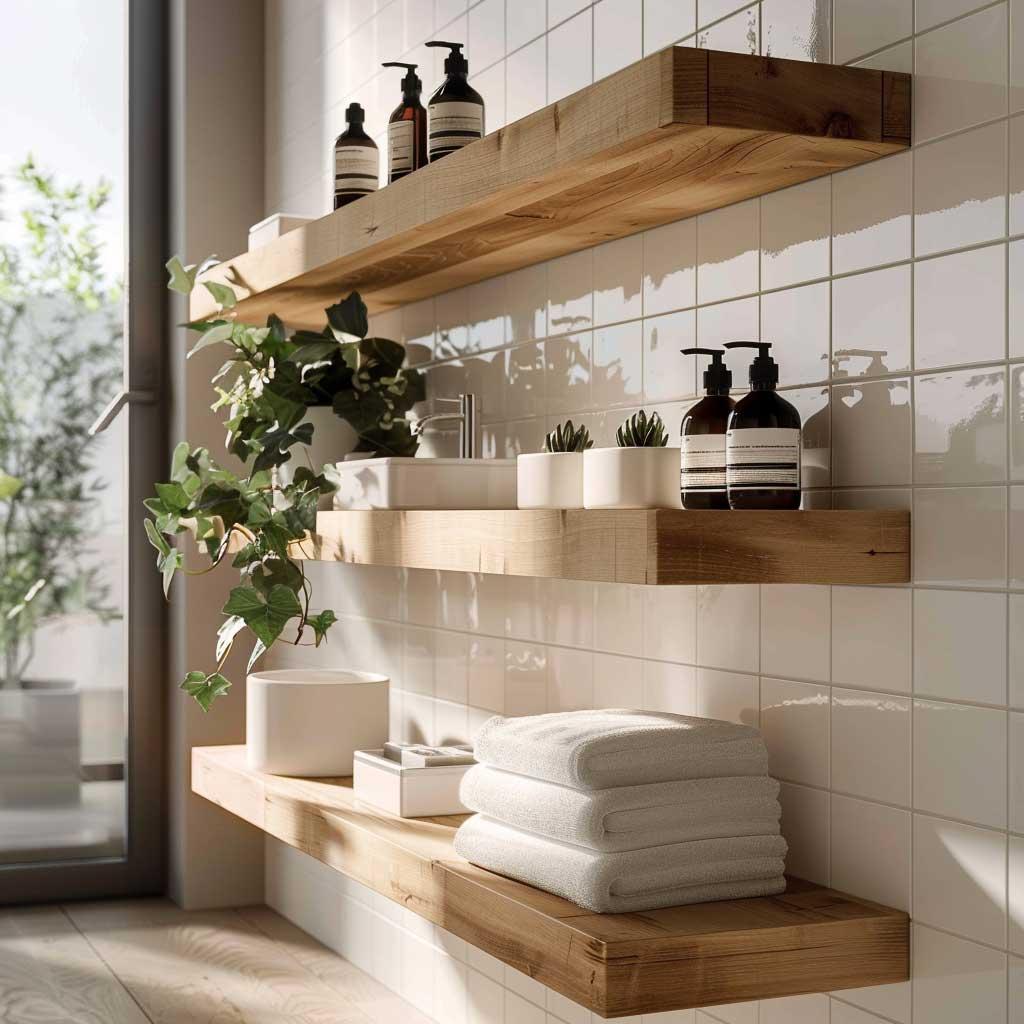 Create open shelving with varied decor in your eclectic bathroom