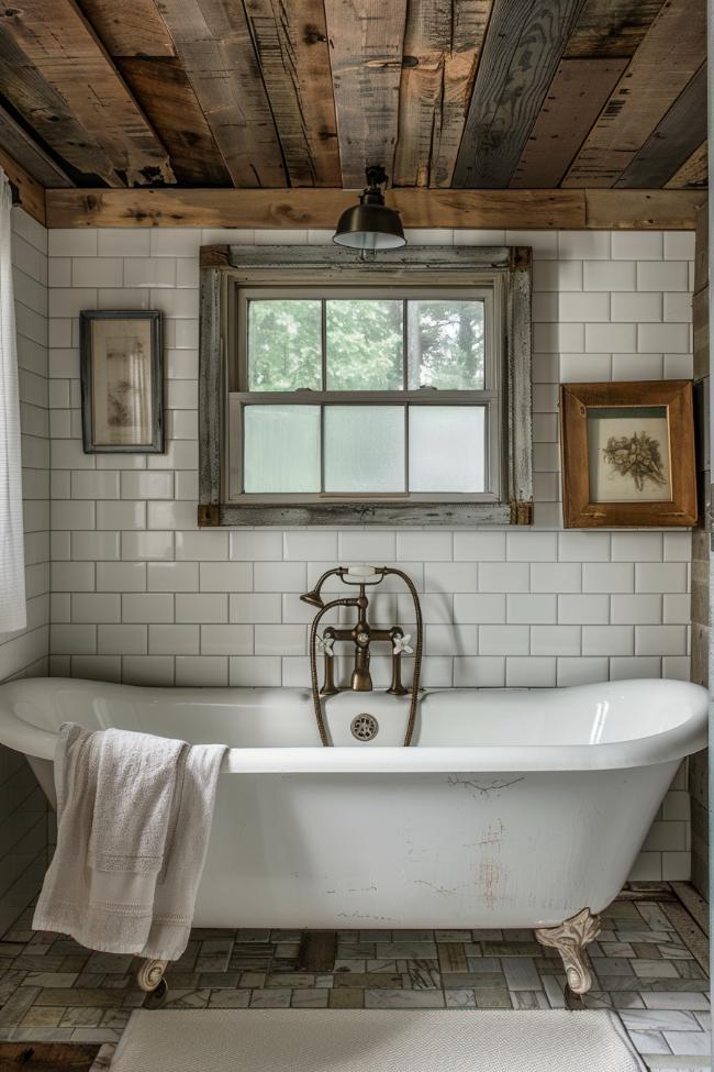 Subway tiles create a timeless look ​in farmhouse bathrooms