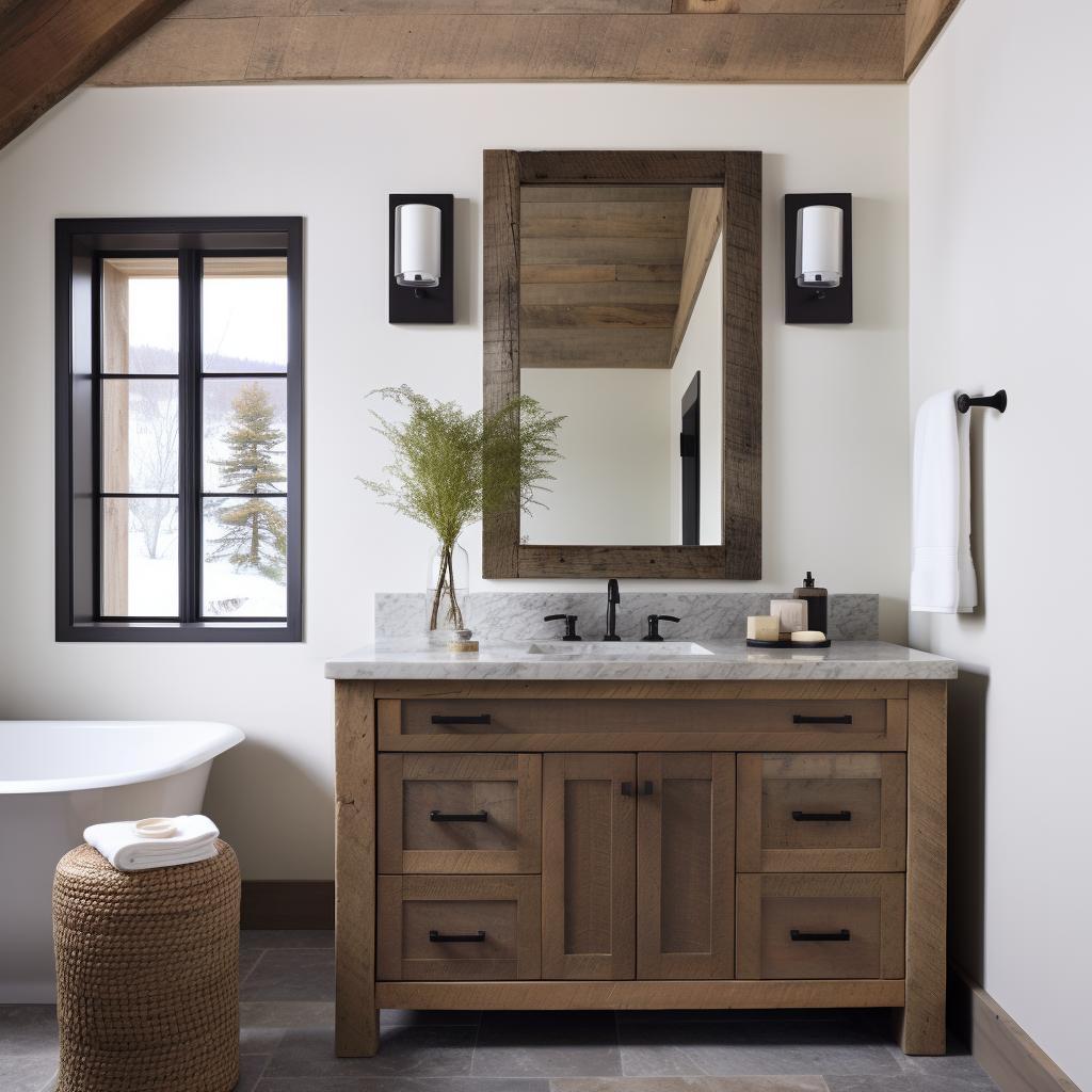 Natural stone countertops bring earthiness to ​farmhouse bathrooms