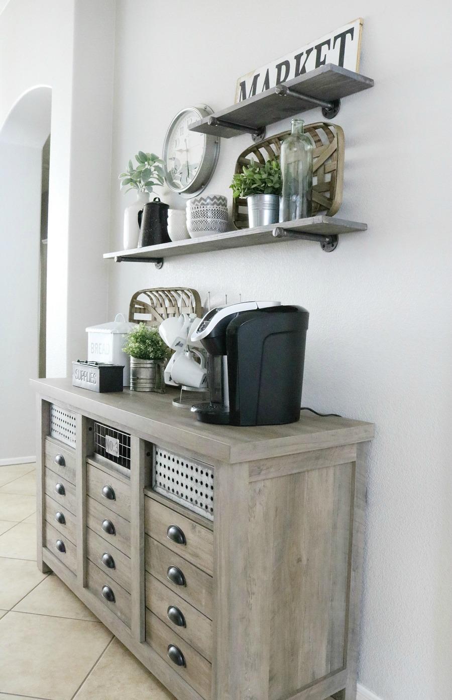 A stylish coffee station encourages moments of joy in your farmhouse kitchen