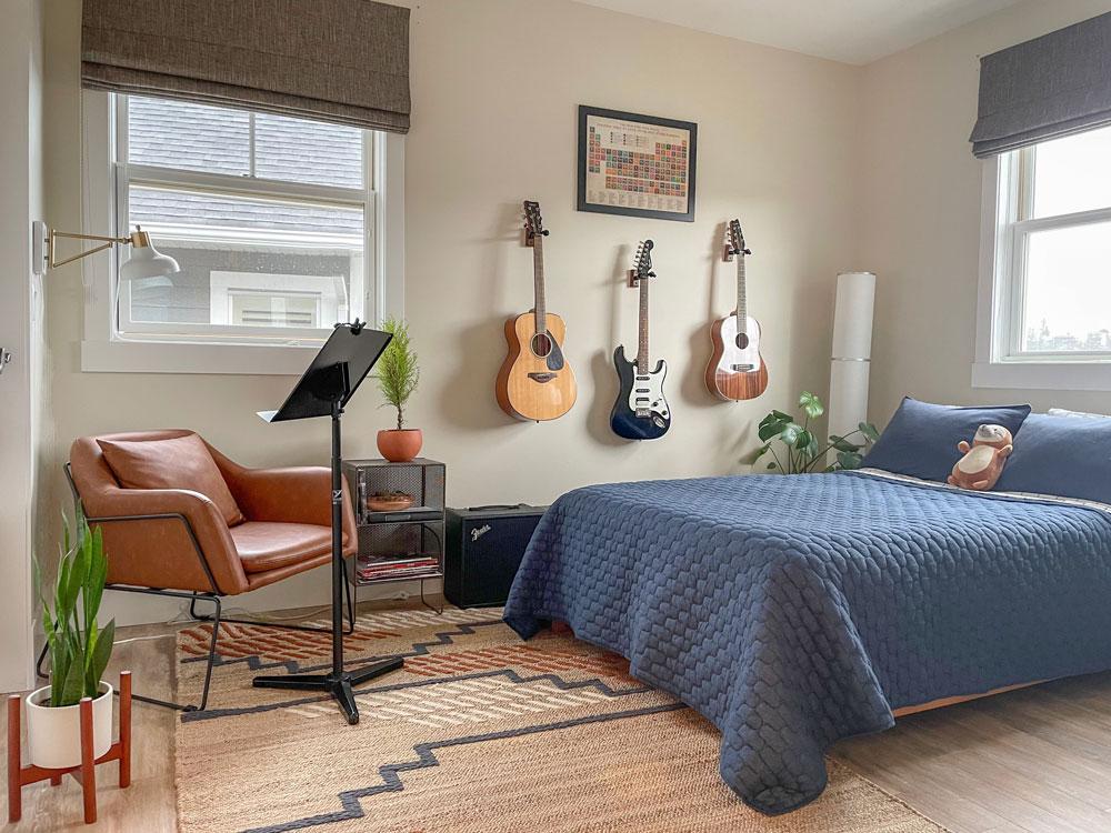 Curate a music corner with instruments in the teen girl bedroom