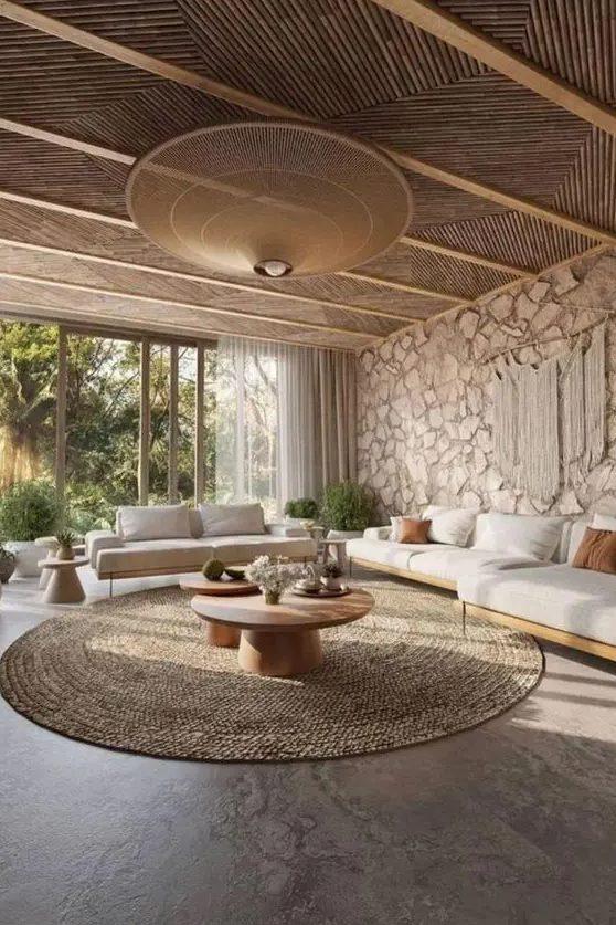 Use stone accents as a grounding element in your earthy living room